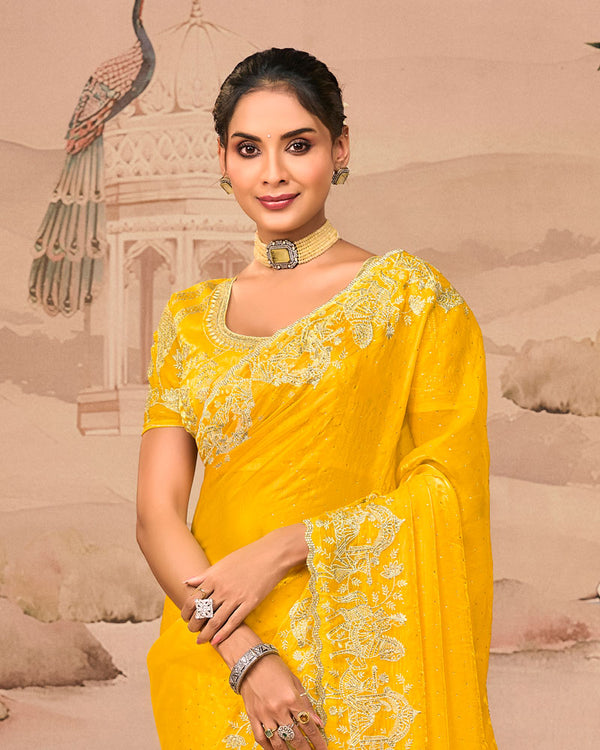 Sunrise Yellow Designer Fancy Satin Saree With Zari Embroidery-Diamond Work And Cut Work Border