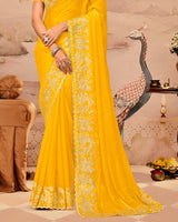 Sunrise Yellow Designer Fancy Satin Saree With Zari Embroidery-Diamond Work And Cut Work Border