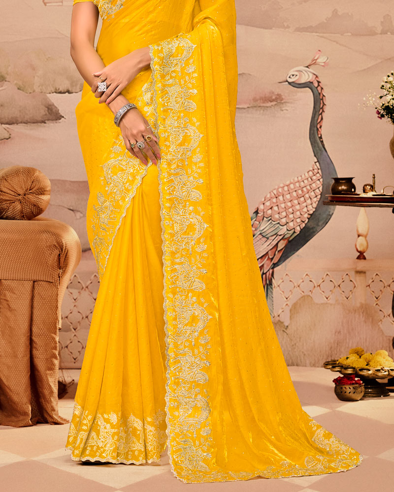 Sunrise Yellow Designer Fancy Satin Saree With Zari Embroidery-Diamond Work And Cut Work Border
