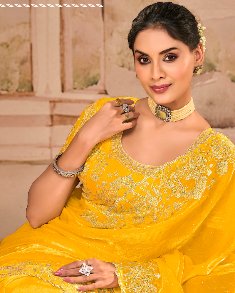 Sunrise Yellow Designer Fancy Satin Saree With Zari Embroidery-Diamond Work And Cut Work Border