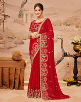 Crimson Red Designer Fancy Satin Saree With Zari Embroidery-Diamond Work And Cut Work Border