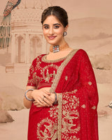Crimson Red Designer Fancy Satin Saree With Zari Embroidery-Diamond Work And Cut Work Border