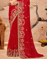 Crimson Red Designer Fancy Satin Saree With Zari Embroidery-Diamond Work And Cut Work Border