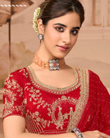 Crimson Red Designer Fancy Satin Saree With Zari Embroidery-Diamond Work And Cut Work Border