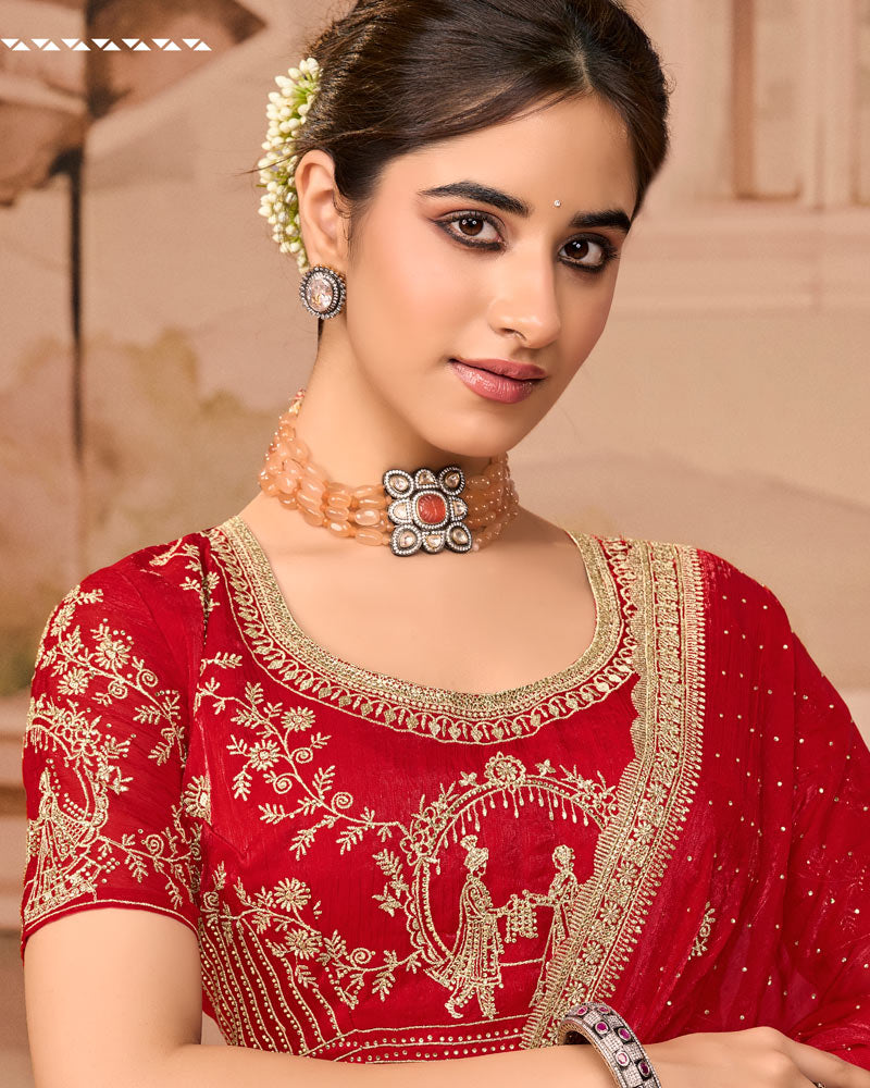 Crimson Red Designer Fancy Satin Saree With Zari Embroidery-Diamond Work And Cut Work Border