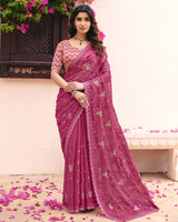 Light Maroon Designer Shimmer Chiffon Saree With Embroidery-Diamond Work And Cut Work Border