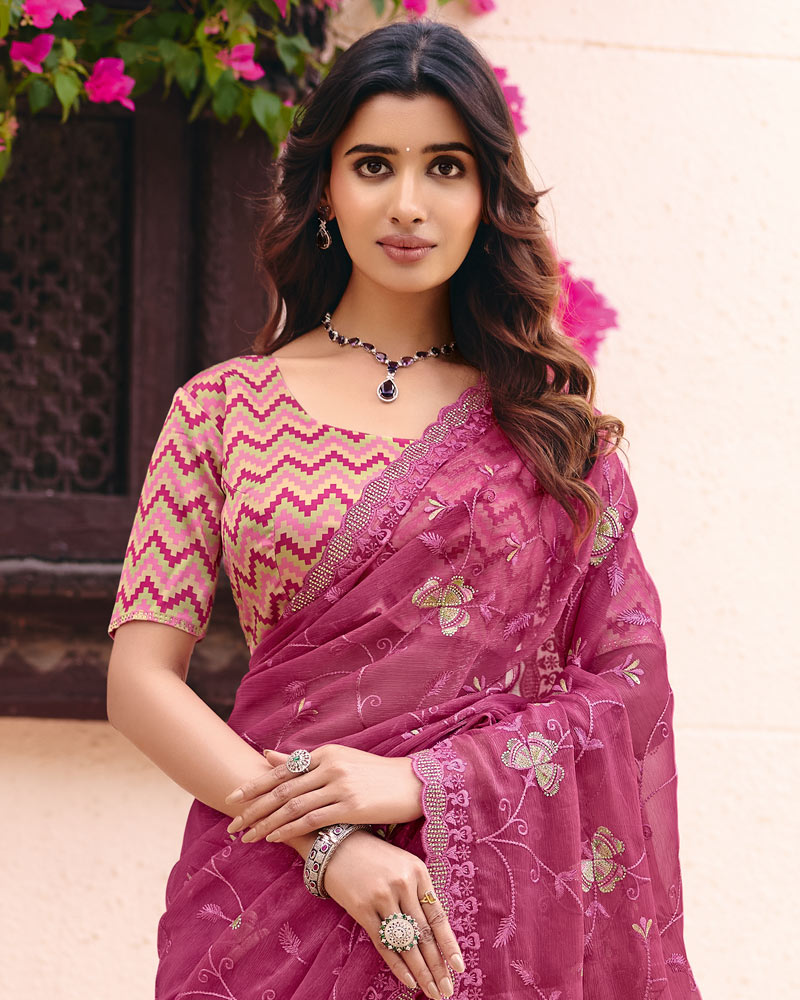 Light Maroon Designer Shimmer Chiffon Saree With Embroidery-Diamond Work And Cut Work Border