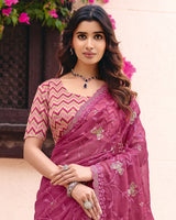 Light Maroon Designer Shimmer Chiffon Saree With Embroidery-Diamond Work And Cut Work Border