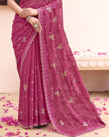 Light Maroon Designer Shimmer Chiffon Saree With Embroidery-Diamond Work And Cut Work Border