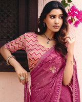 Light Maroon Designer Shimmer Chiffon Saree With Embroidery-Diamond Work And Cut Work Border