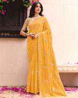 Light Apricot Orange Designer Shimmer Chiffon Saree With Embroidery-Diamond Work And Cut Work Border