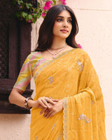 Light Apricot Orange Designer Shimmer Chiffon Saree With Embroidery-Diamond Work And Cut Work Border