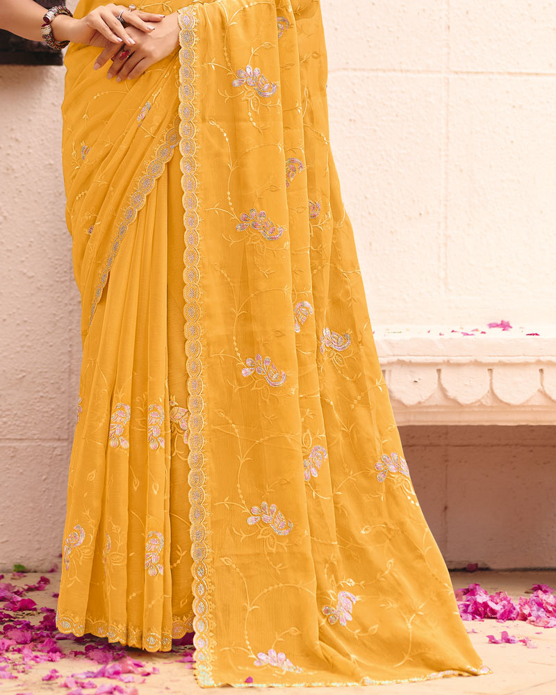 Light Apricot Orange Designer Shimmer Chiffon Saree With Embroidery-Diamond Work And Cut Work Border