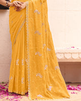 Light Apricot Orange Designer Shimmer Chiffon Saree With Embroidery-Diamond Work And Cut Work Border