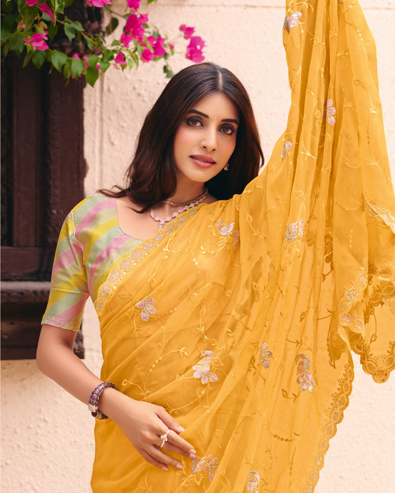 Light Apricot Orange Designer Shimmer Chiffon Saree With Embroidery-Diamond Work And Cut Work Border