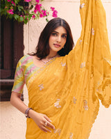 Light Apricot Orange Designer Shimmer Chiffon Saree With Embroidery-Diamond Work And Cut Work Border
