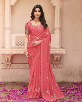 Salmon Pink Designer Shimmer Chiffon Saree With Embroidery-Diamond Work And Cut Work Border