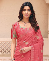 Salmon Pink Designer Shimmer Chiffon Saree With Embroidery-Diamond Work And Cut Work Border