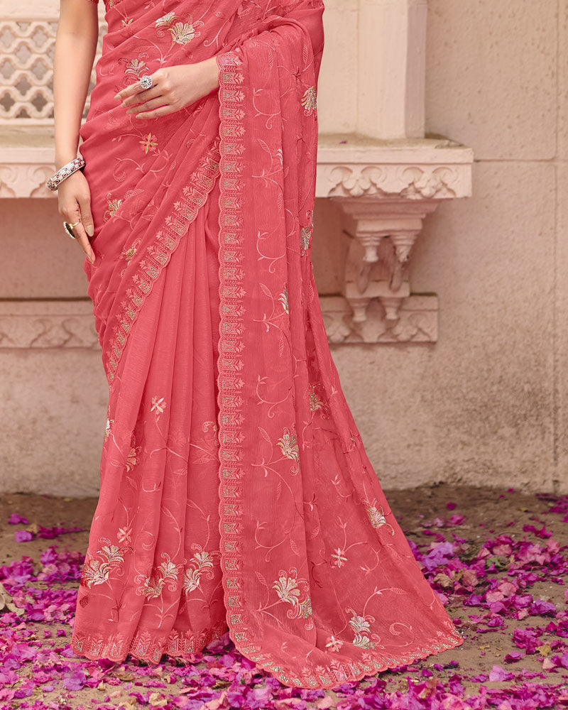 Salmon Pink Designer Shimmer Chiffon Saree With Embroidery-Diamond Work And Cut Work Border