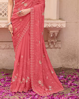 Salmon Pink Designer Shimmer Chiffon Saree With Embroidery-Diamond Work And Cut Work Border
