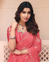 Salmon Pink Designer Shimmer Chiffon Saree With Embroidery-Diamond Work And Cut Work Border