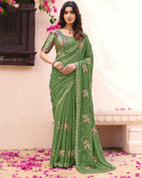 Dark Sage Green Designer Shimmer Chiffon Saree With Embroidery-Diamond Work And Cut Work Border
