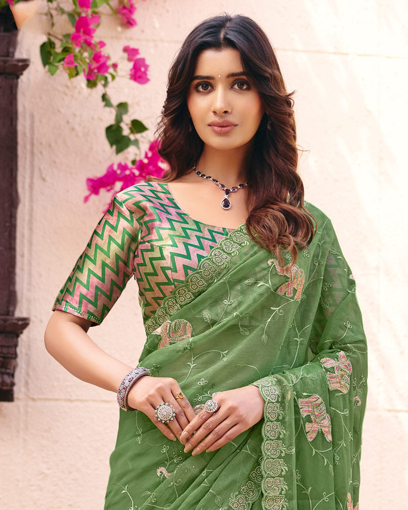 Dark Sage Green Designer Shimmer Chiffon Saree With Embroidery-Diamond Work And Cut Work Border