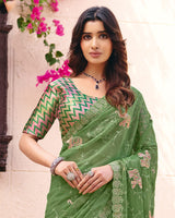 Dark Sage Green Designer Shimmer Chiffon Saree With Embroidery-Diamond Work And Cut Work Border