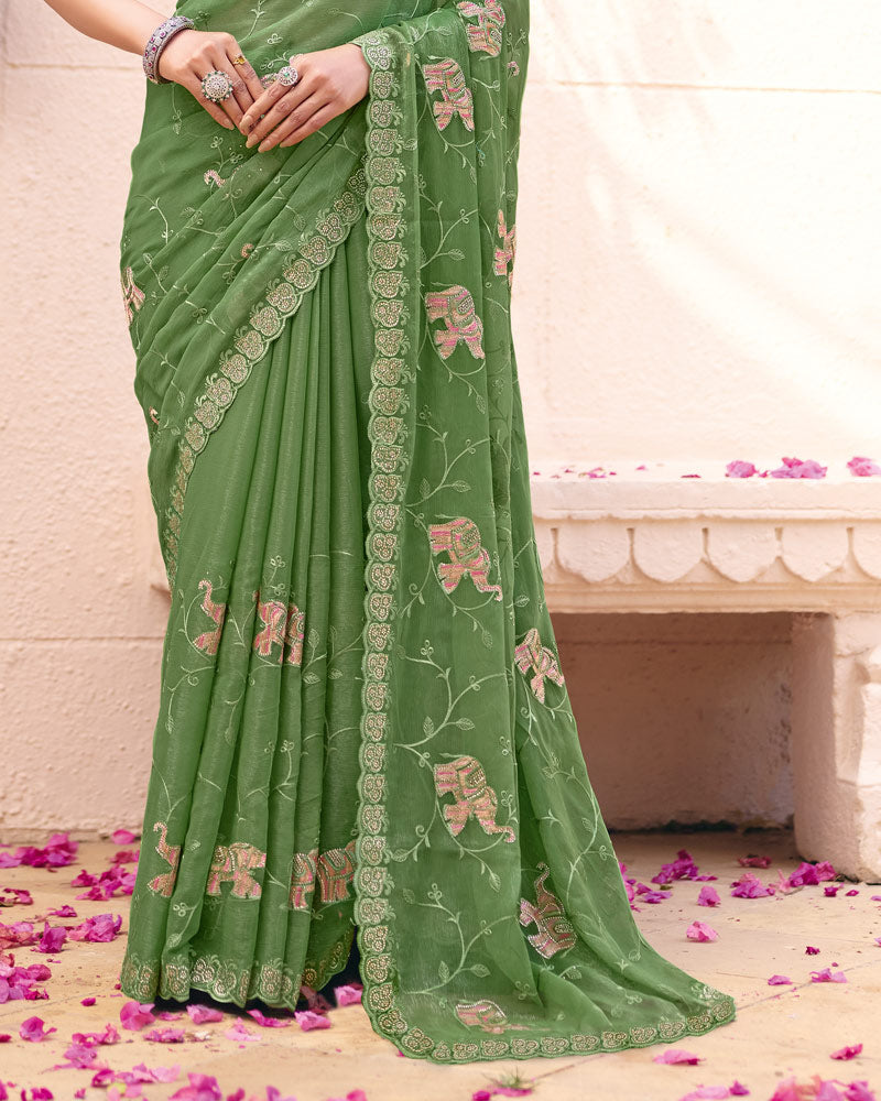 Dark Sage Green Designer Shimmer Chiffon Saree With Embroidery-Diamond Work And Cut Work Border