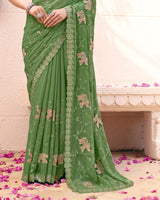 Dark Sage Green Designer Shimmer Chiffon Saree With Embroidery-Diamond Work And Cut Work Border