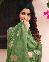 Dark Sage Green Designer Shimmer Chiffon Saree With Embroidery-Diamond Work And Cut Work Border