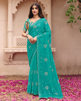 Light Sea Green Designer Shimmer Chiffon Saree With Embroidery-Diamond Work And Cut Work Border