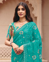 Light Sea Green Designer Shimmer Chiffon Saree With Embroidery-Diamond Work And Cut Work Border