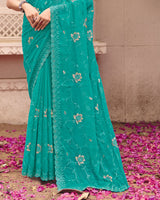 Light Sea Green Designer Shimmer Chiffon Saree With Embroidery-Diamond Work And Cut Work Border