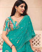 Light Sea Green Designer Shimmer Chiffon Saree With Embroidery-Diamond Work And Cut Work Border