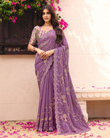 Light Plum Designer Shimmer Chiffon Saree With Embroidery-Diamond Work And Cut Work Border