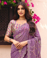 Light Plum Designer Shimmer Chiffon Saree With Embroidery-Diamond Work And Cut Work Border
