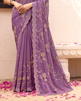 Light Plum Designer Shimmer Chiffon Saree With Embroidery-Diamond Work And Cut Work Border