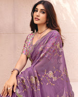 Light Plum Designer Shimmer Chiffon Saree With Embroidery-Diamond Work And Cut Work Border