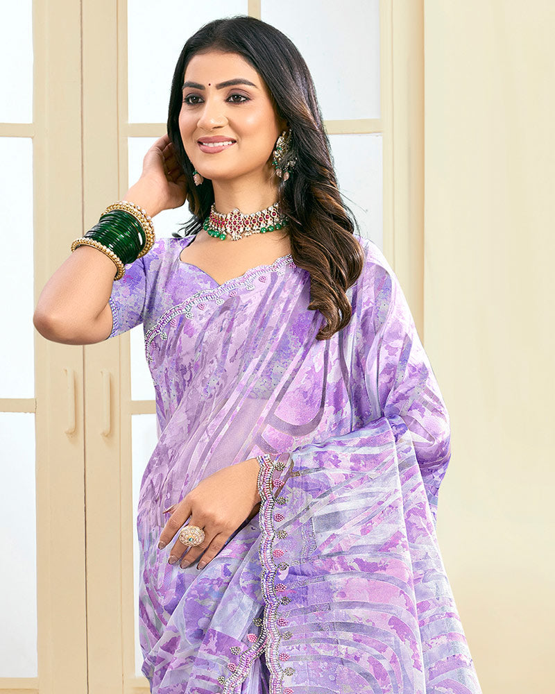 Vishal Prints Pastel Purple Designer Organza Brasso Saree With Cut Work Border