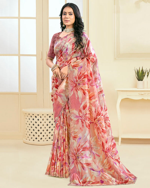 Vishal Prints Pinkish Tan Designer Crushed Tissue Digital Print Saree With Fancy Cut Work Border