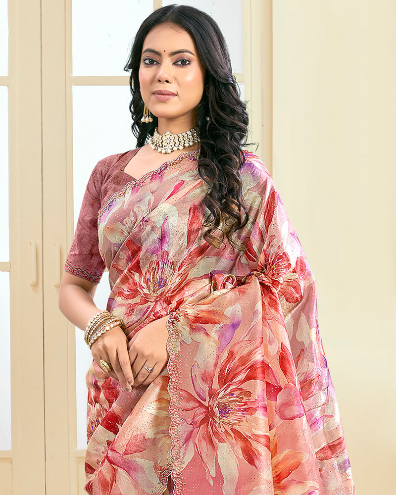 Vishal Prints Pinkish Tan Designer Crushed Tissue Digital Print Saree With Fancy Cut Work Border