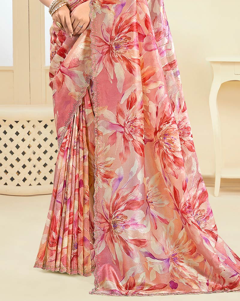 Vishal Prints Pinkish Tan Designer Crushed Tissue Digital Print Saree With Fancy Cut Work Border