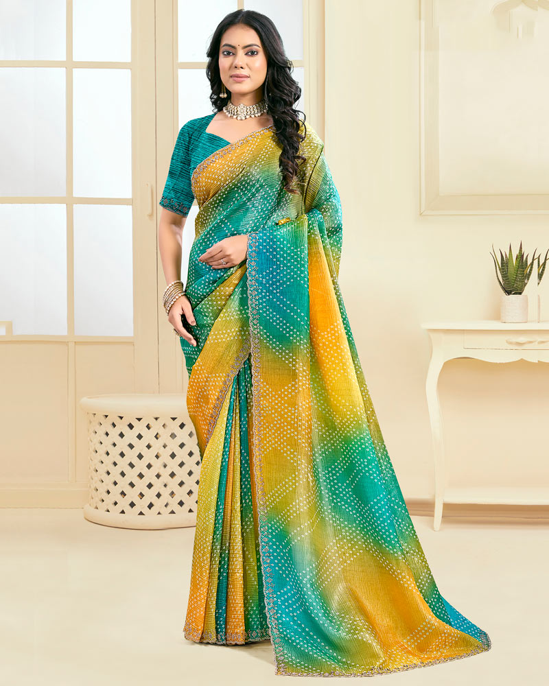 Vishal Prints Light Mustard Designer Crushed Tissue Digital Print Saree With Fancy Cut Work Border