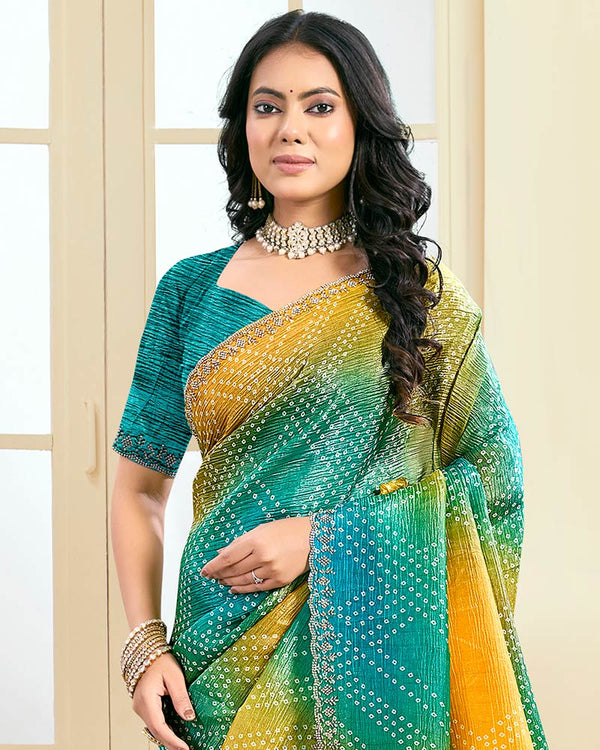 Vishal Prints Light Mustard Designer Crushed Tissue Digital Print Saree With Fancy Cut Work Border