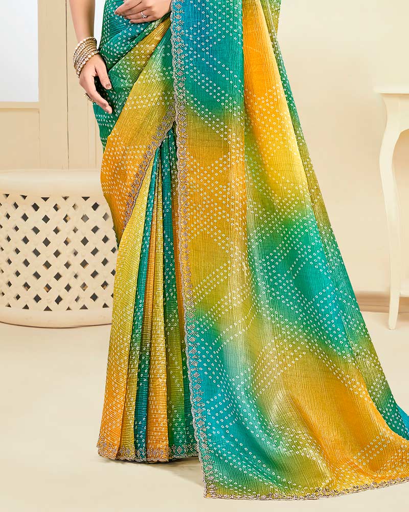 Vishal Prints Light Mustard Designer Crushed Tissue Digital Print Saree With Fancy Cut Work Border