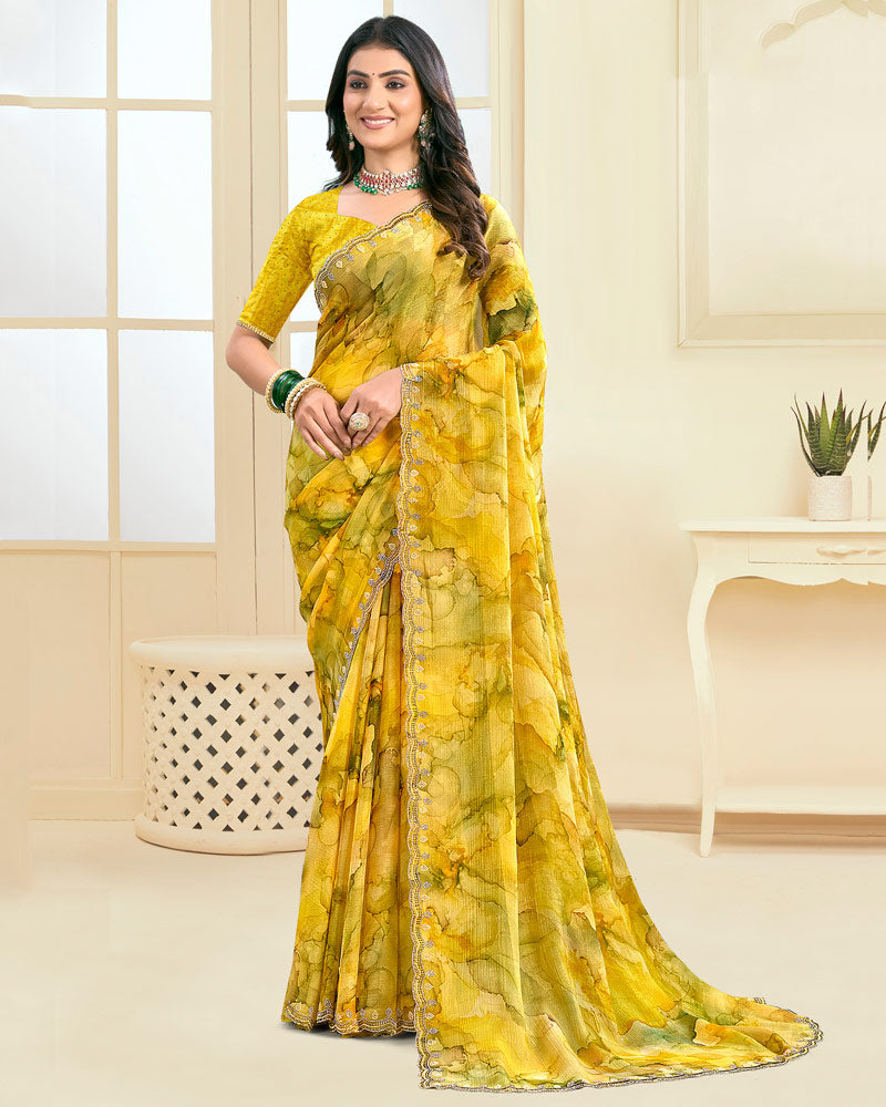 Vishal Prints Mustard Yellow Designer Fancy Chiffon Saree With Diamond Work And Cut Work Border