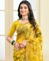 Vishal Prints Mustard Yellow Designer Fancy Chiffon Saree With Diamond Work And Cut Work Border