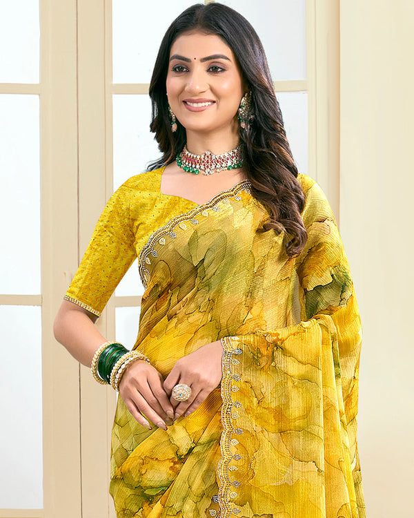 Vishal Prints Mustard Yellow Designer Fancy Chiffon Saree With Diamond Work And Cut Work Border