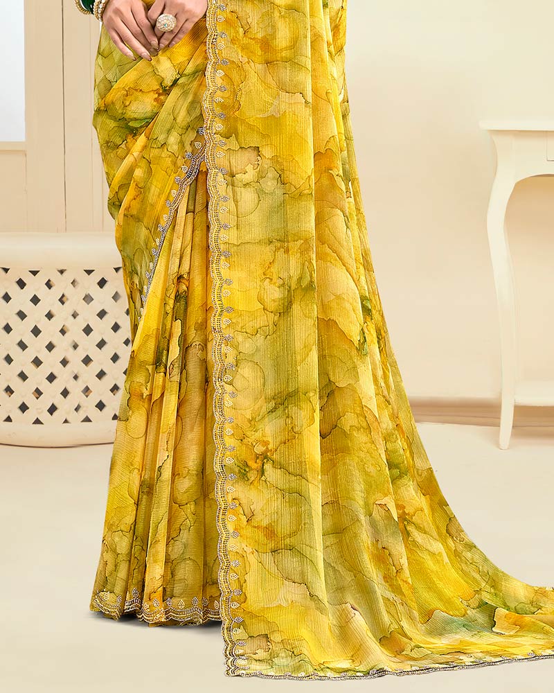 Vishal Prints Mustard Yellow Designer Fancy Chiffon Saree With Diamond Work And Cut Work Border